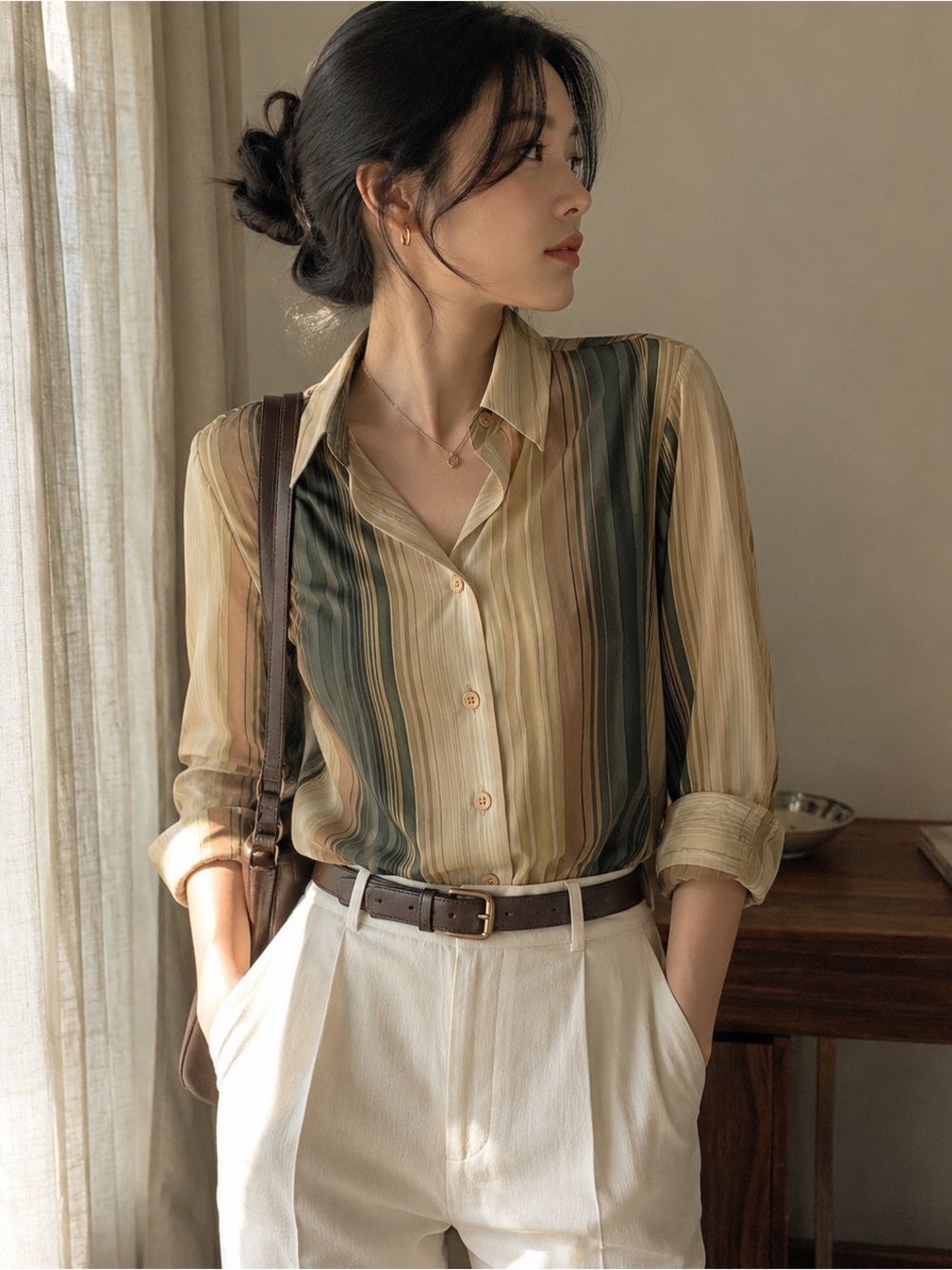 Jones New York 100% Silk Striped Button Up Blouse Petite 8P Neutral Earth Tone